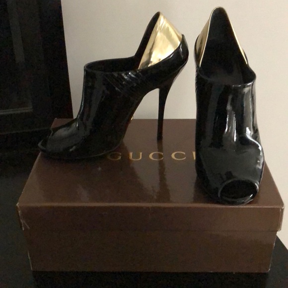 Gucci Shoes - Gucci patent bootie with gold detail on heel